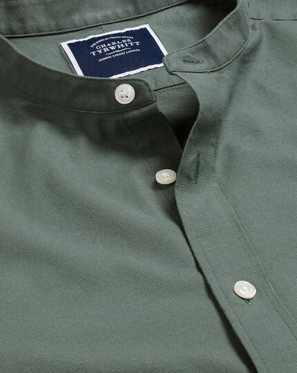 Collarless Cotton Linen Shirt - Olive Green