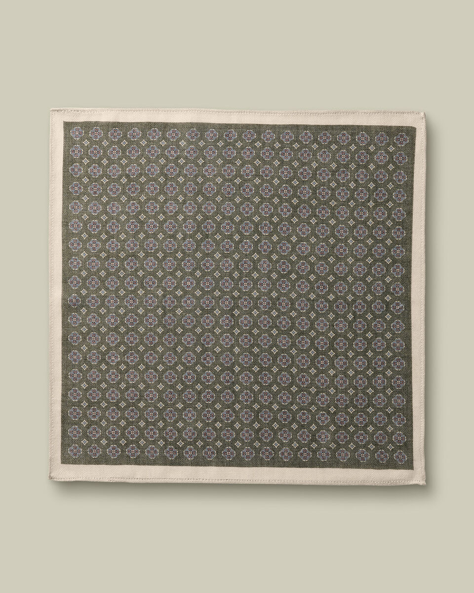 Silk Wool Medallion Print Pocket Square - Olive Green