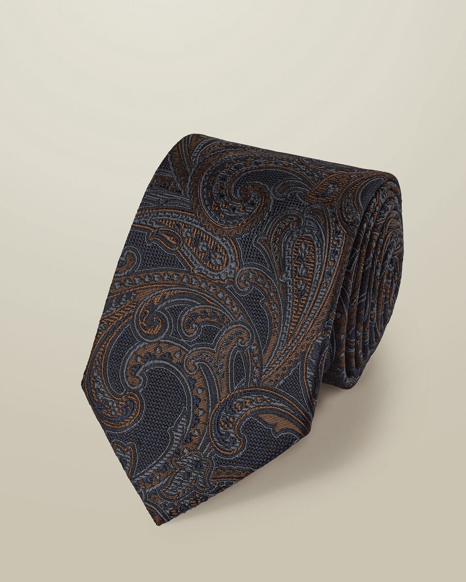 Silk Paisley Tie - Navy & Camel