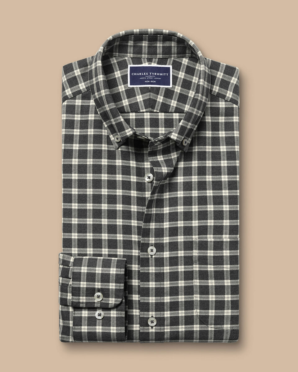 Chemise en sergé à carreaux moyens à col boutonné sans repassage - Gris foncé