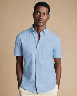 Button-Down Collar Stretch Washed Oxford Short Sleeve Shirt - Sky Blue