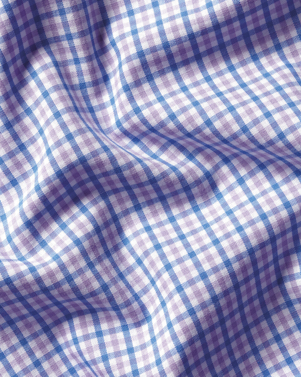 Chemise en popeline extensible à mini carreaux vichy à col boutonné sans repassage - Lilas foncé et bleu