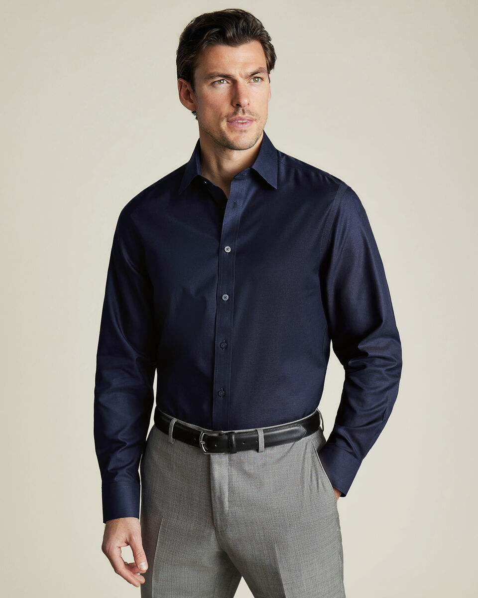 Chemise en serg&eacute; sans repassage - Bleu marine