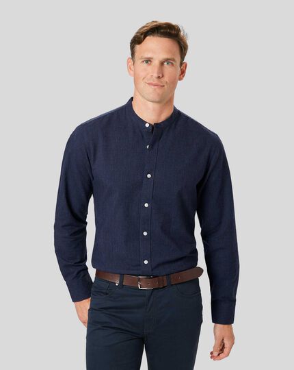 Collarless Cotton Linen Shirt - Navy