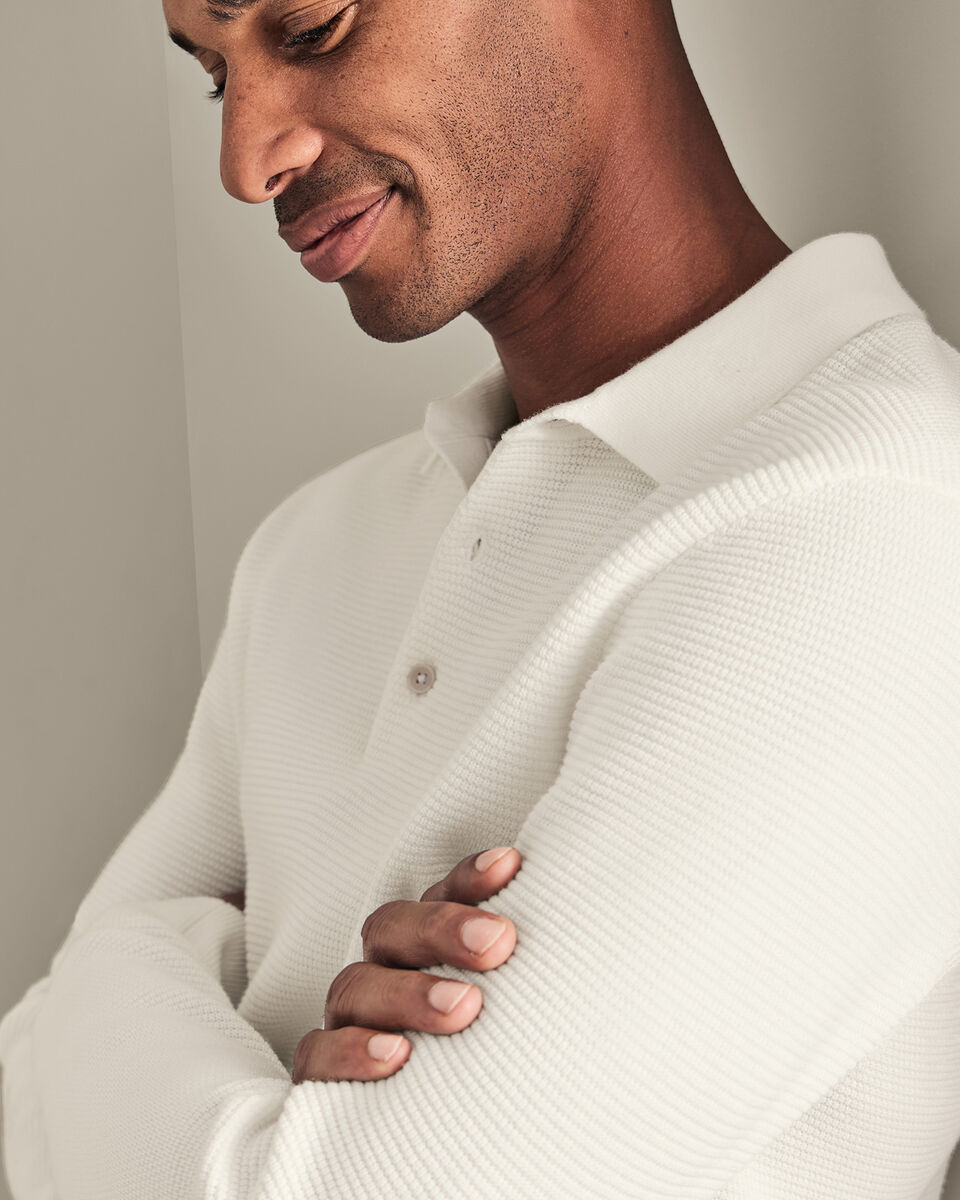 Polo Met Lange Mouwen Van Gebreid Katoen Met Gewoven - Cr&egrave;me