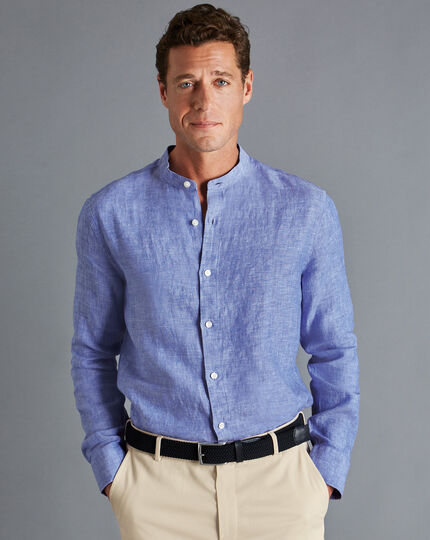 Collarless Linen Shirt - Cobalt Blue | Charles Tyrwhitt