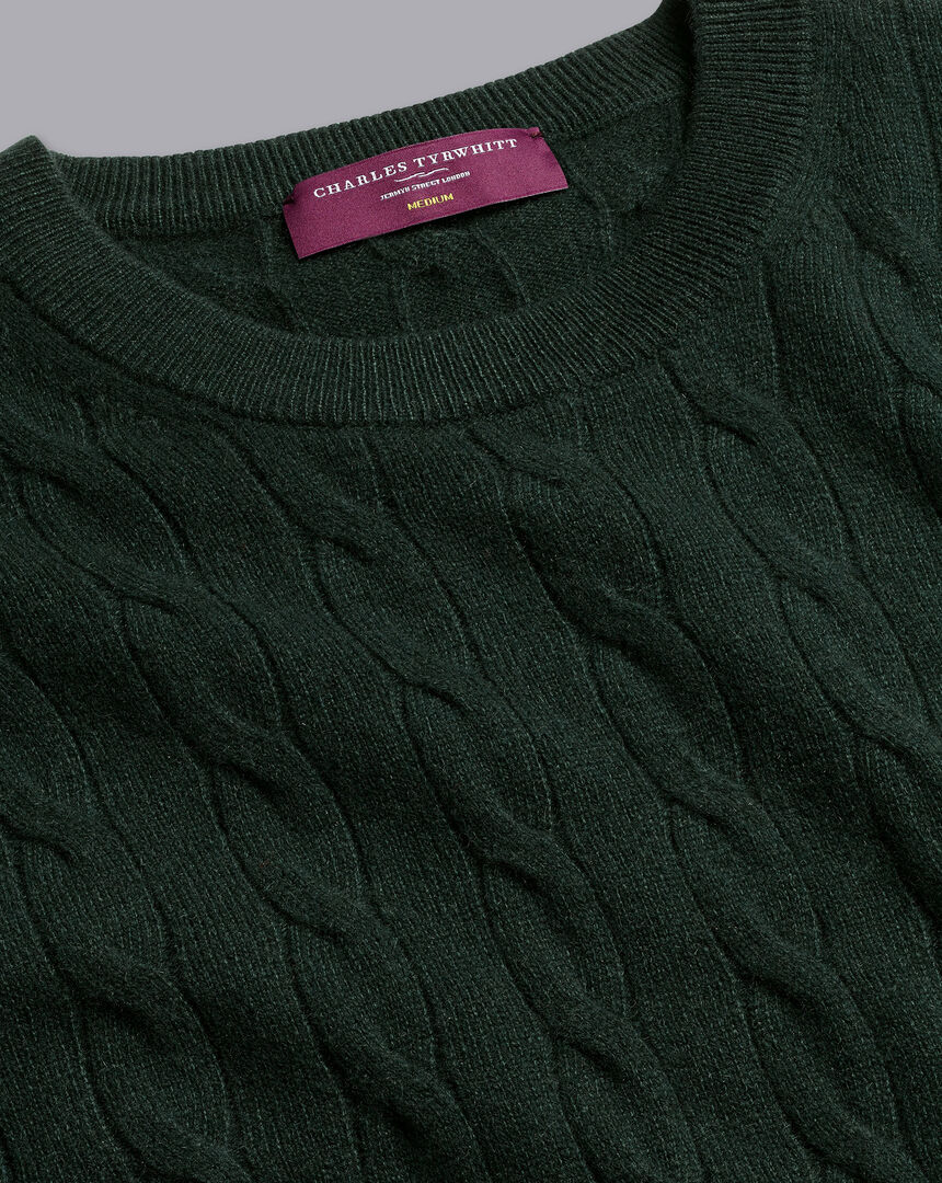 Cashmere Cable Knit Crew Neck Sweater - Forest Green