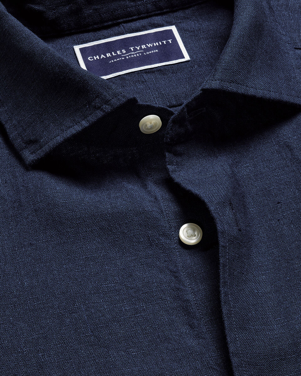 Short Sleeve Pure Linen Shirt - Navy