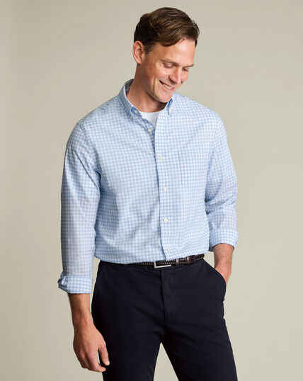 Button-Down Stretch Washed Poplin Gingham Shirt – Light Blue
