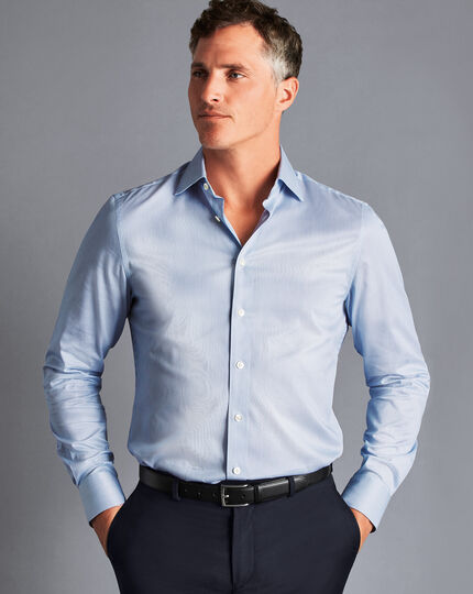 Semi-Spread Collar Egyptian Cotton Twill Hairline Stripe Shirt - Ocean Blue