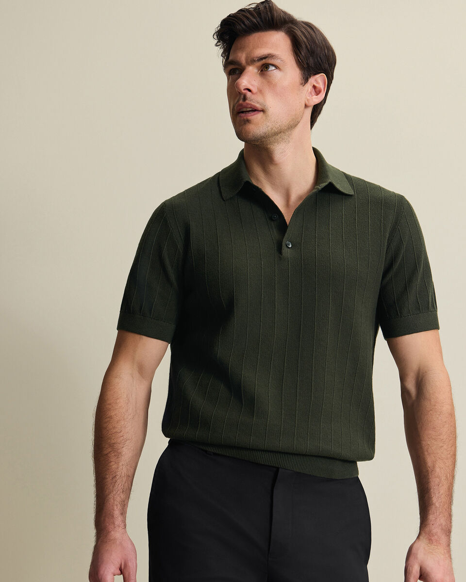 Cotton Stripe Textured Knitted Polo - Olive Green