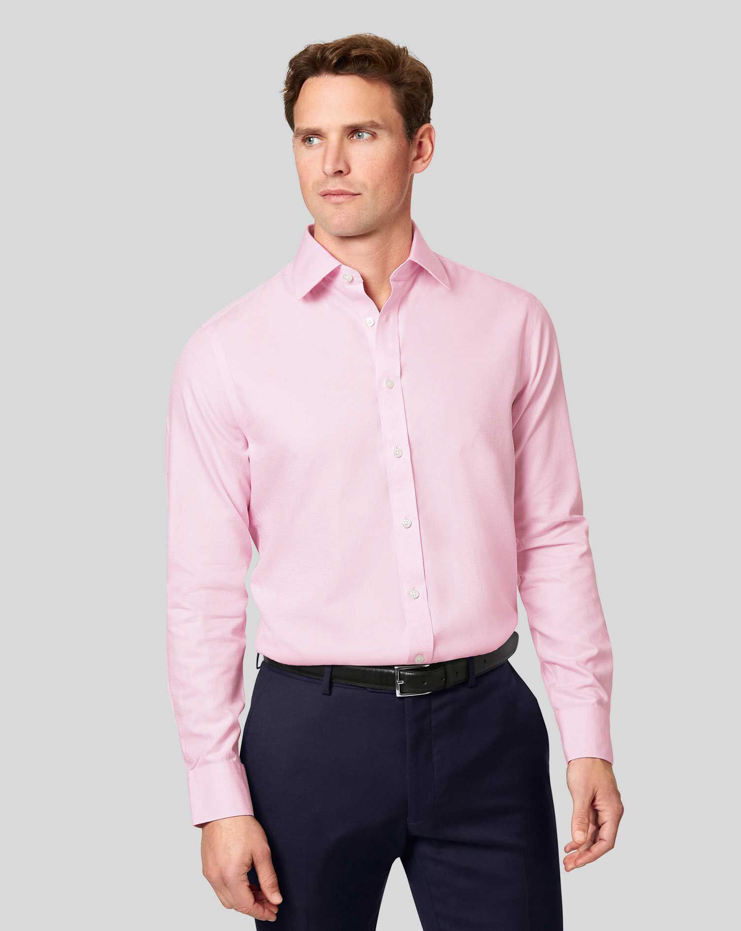 Non-Iron Mini Herringbone Shirt - Pink 