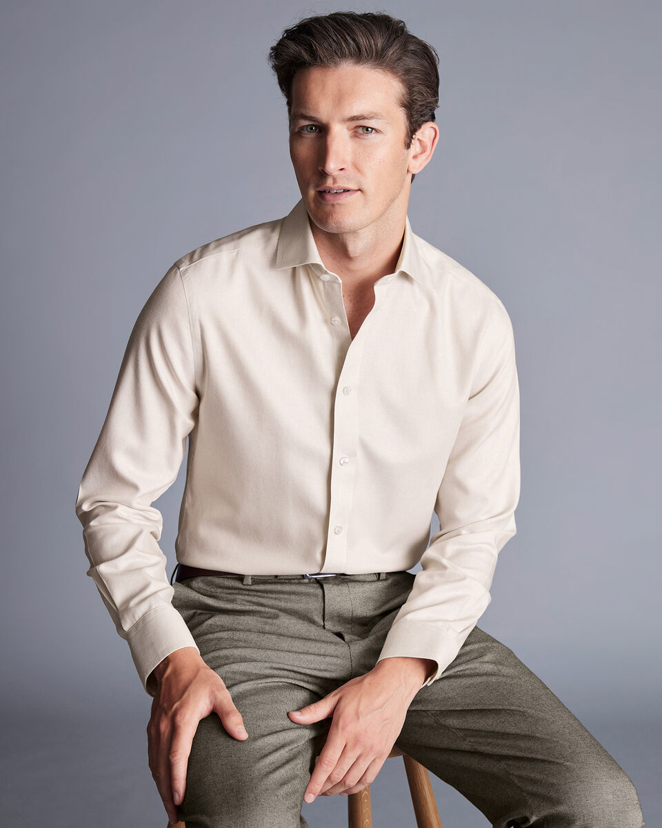 Spread Collar Non-Iron Clifton Weave Shirt - Oatmeal | Charles Tyrwhitt