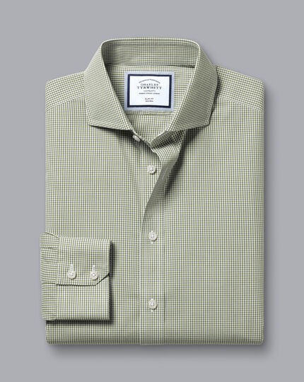 Cutaway Collar Non-Iron Mini Gingham Check Shirt - Olive Green