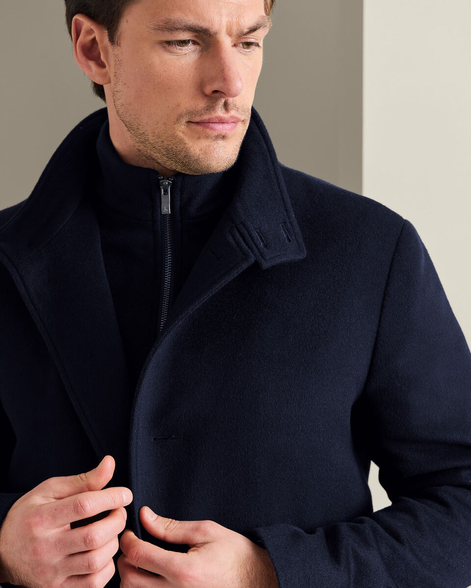 Fine Merino Wool Funnel Neck Overcoat - Navy
