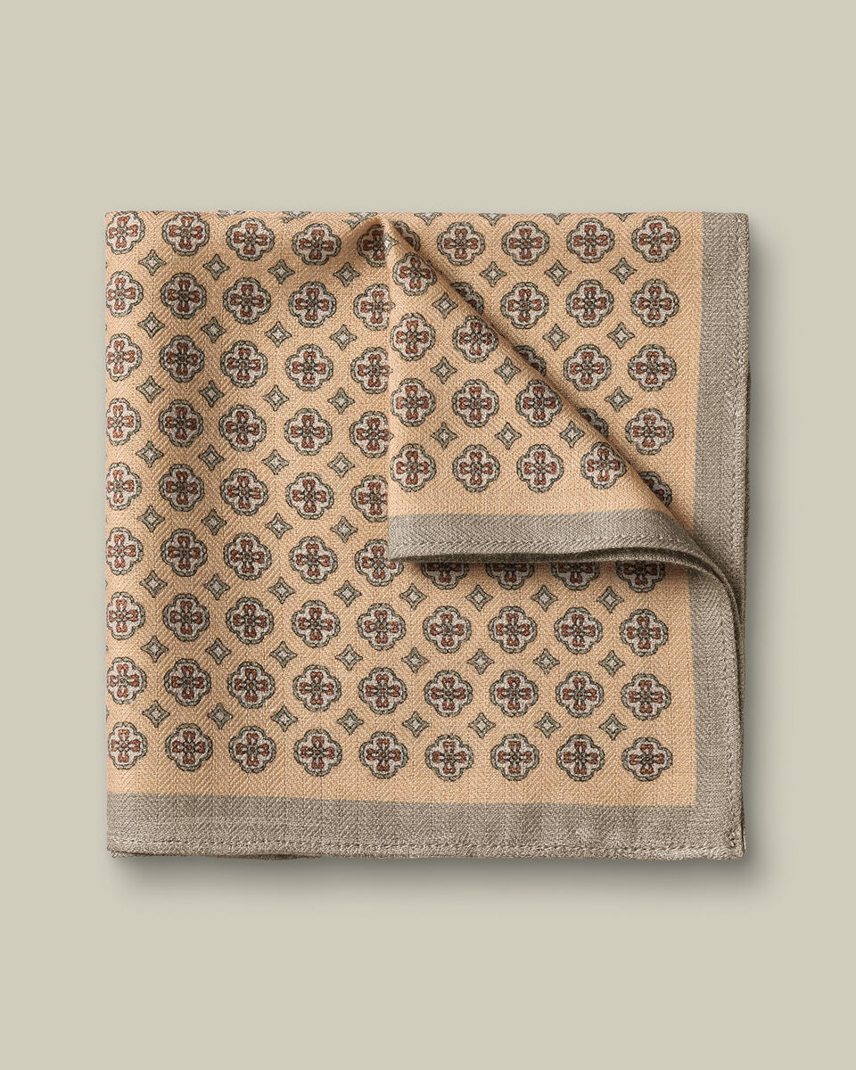 Silk Wool Medallion Print Pocket Square - Stone