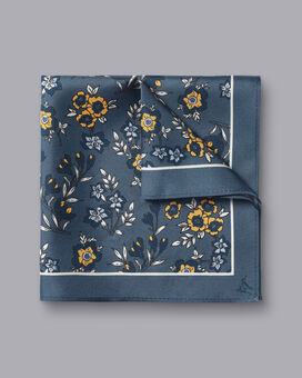 Floral Silk Pocket Square - Steel Blue