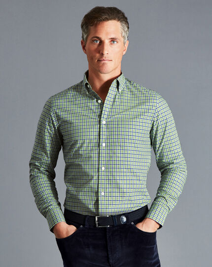 Button-Down Collar Non-Iron Stretch Poplin Check Shirt - Olive Green