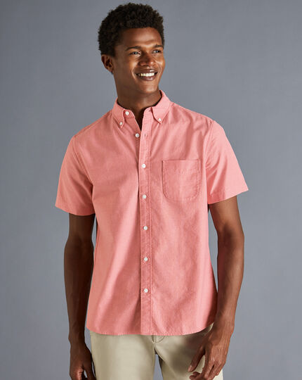 Button-Down Collar Washed Oxford Short Sleeve Shirt - Salmon Pink
