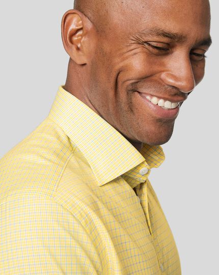 Semi-Spread Collar Egyptian Cotton Poplin Multi Check Shirt - Sky & Yellow