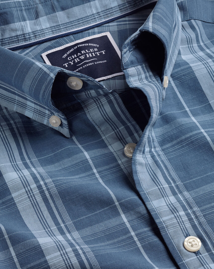 Button-Down Collar Non-Iron Stretch Poplin Slub Multi Check Short Sleeve Shirt - Steel Blue