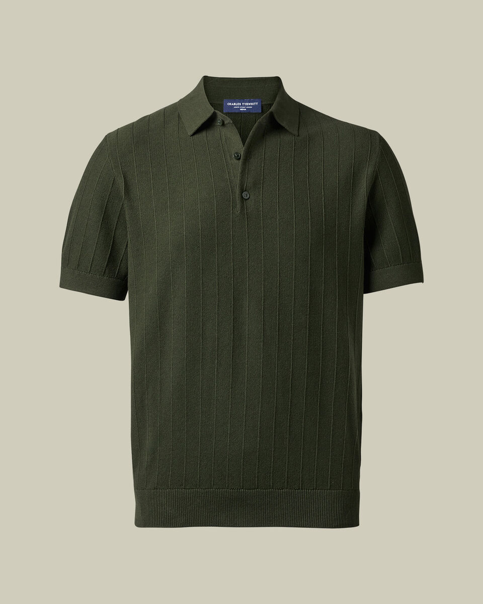 Cotton Stripe Textured Knitted Polo - Olive Green