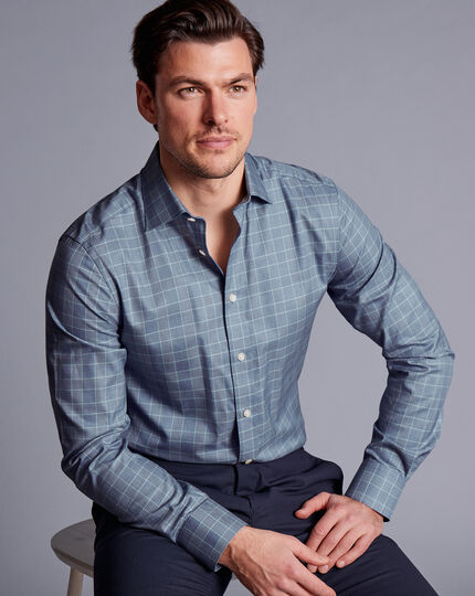Semi-Spread Collar Egyptian Cotton Twill Prince Of Wales Shirt - Steel Blue