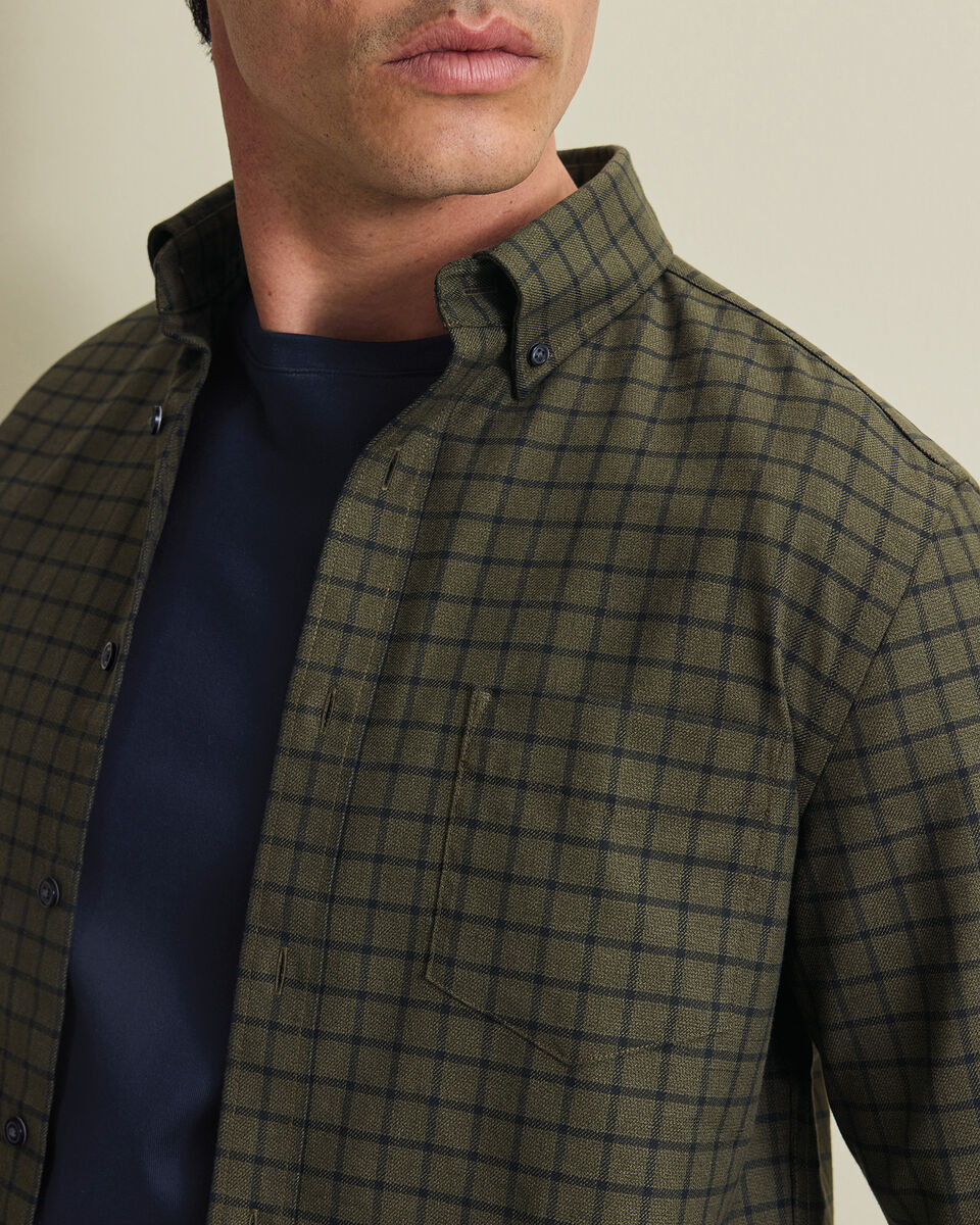 Non-Iron Twill Check Shirt - Olive Green
