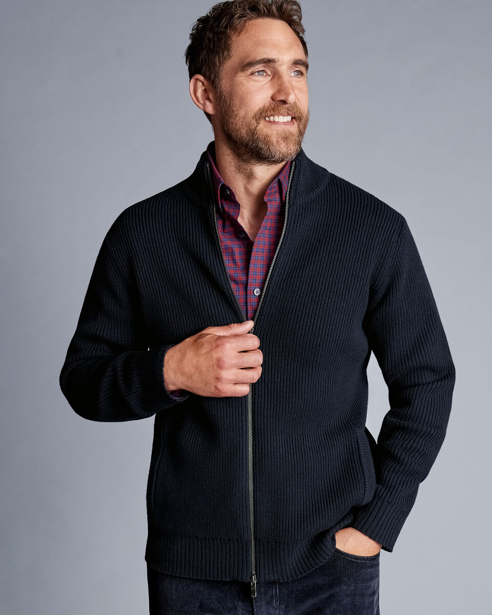 Chunky Zip Funnel Neck Cardigan Navy Charles Tyrwhitt