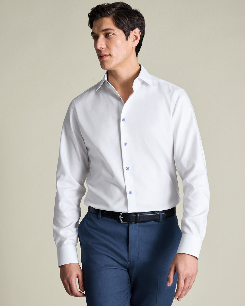 Non-Iron Stretch Printed Trim Shirt - White & Light Blue