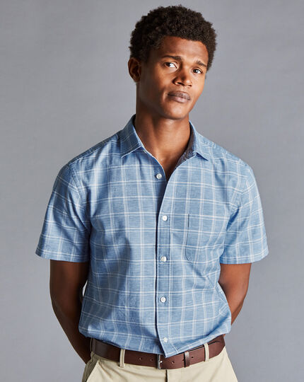 Cotton Linen Oxford Check Short Sleeve Shirt - Indigo Blue