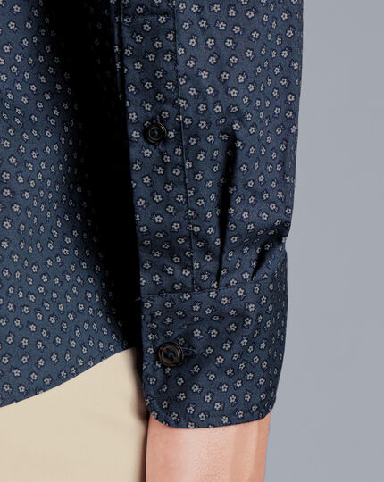 Button-Down Collar Non-Iron Midi Floral Print Shirt - Petrol Blue