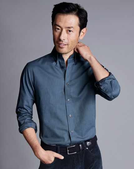 Button-Down Collar Brushed Cotton Twill  Shirt - Petrol Blue