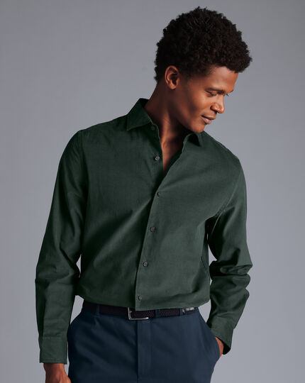 Spread Collar Fine Corduroy Shirt - Dark Green