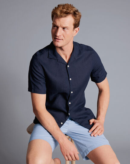 Revere Collar Pure Linen Short Sleeve Shirt - Navy Blue