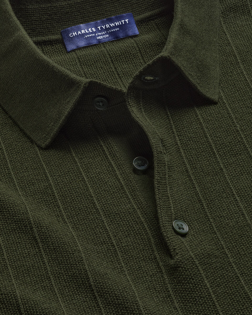 Cotton Stripe Textured Knitted Polo - Olive Green