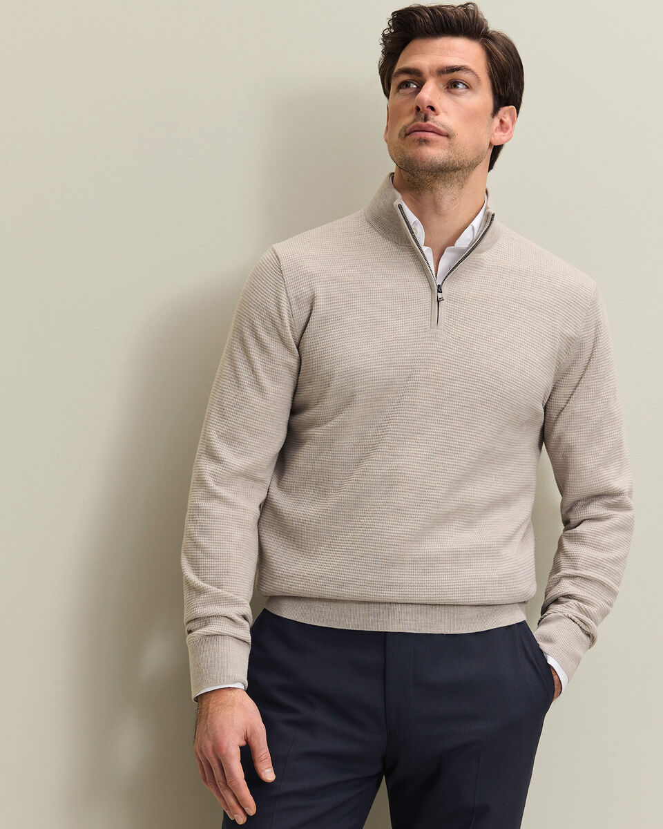 Pure Merino Textured Zip Neck Jumper - Limestone