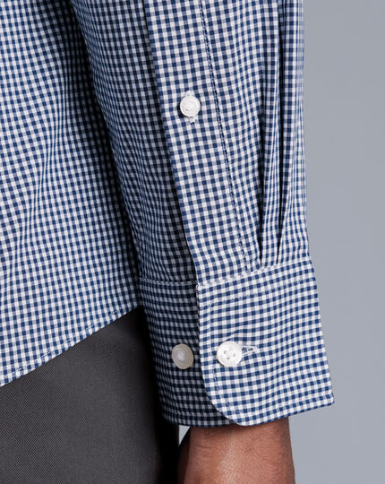 Bügelfreies Popeline-Hemd aus Stretch mit Button-down-Kragen und Mini-Gingham-Karos - Französisches Blau