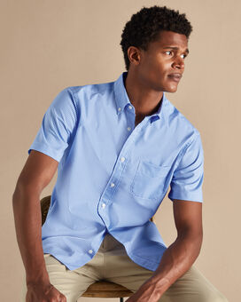 Button-Down Collar Non-Iron Stretch Mini Gingham Short Sleeve Shirt - Ocean Blue