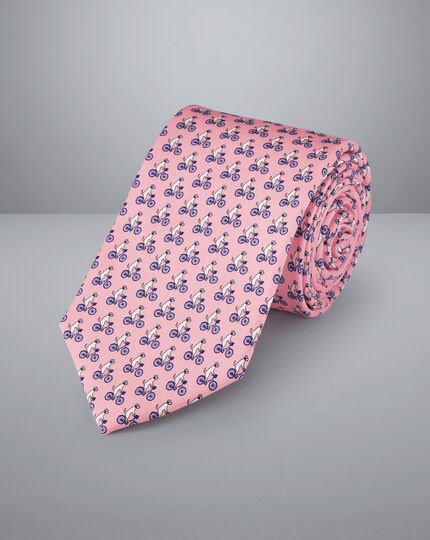 Krawatte aus Seide mit Hund-auf-Fahrrad-Motiv - Rosa