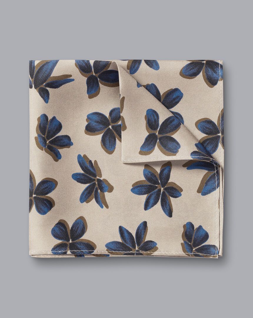 Large Floral Print Silk Pocket Square - Oatmeal & Royal Blue