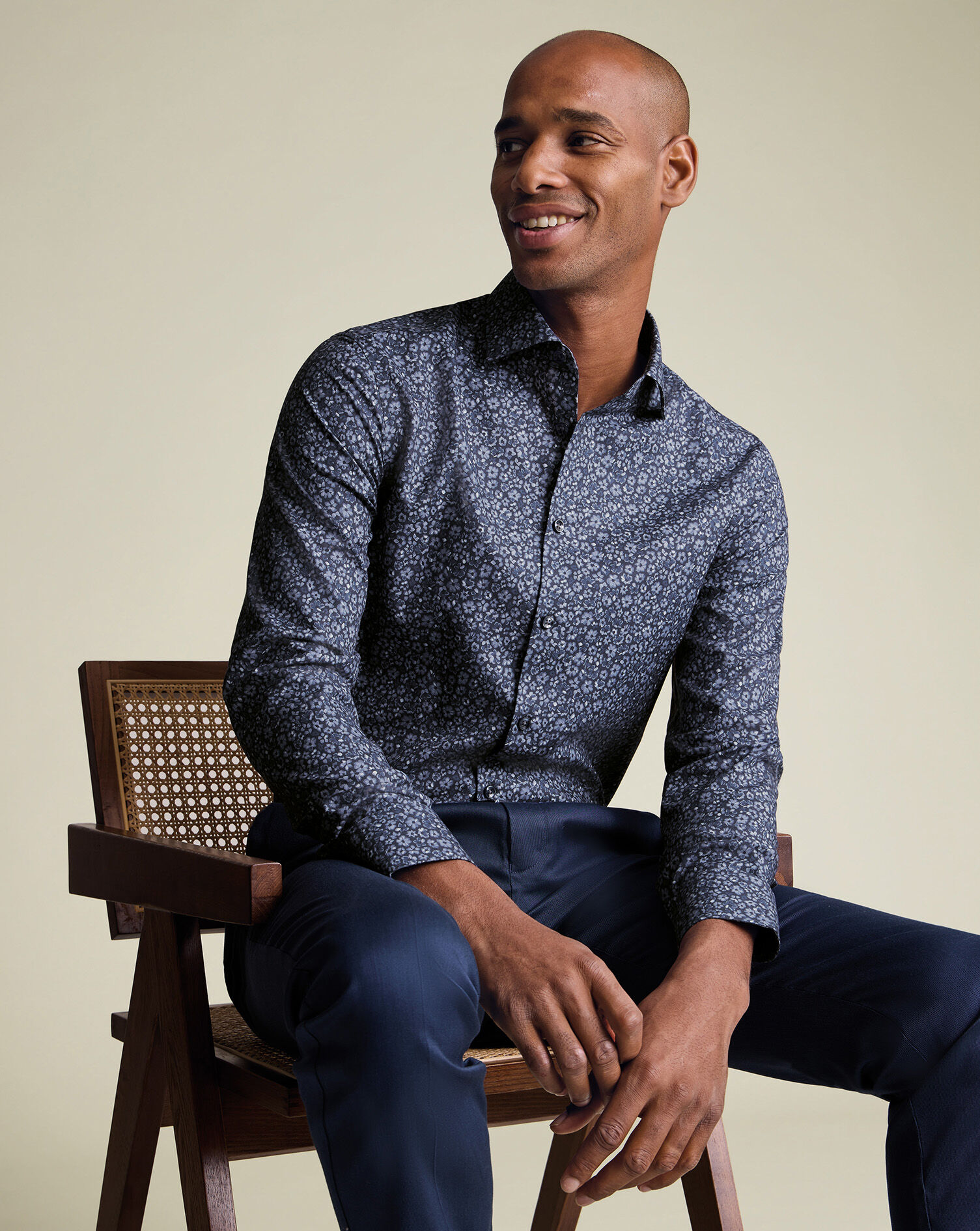 Non-Iron Stretch Floral Print Shirt - Navy