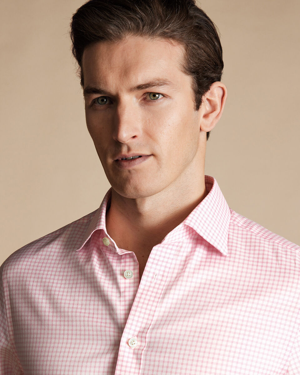 Semi-Cutaway Collar Egyptian Cotton Twin Check Shirt - Pink | Charles ...