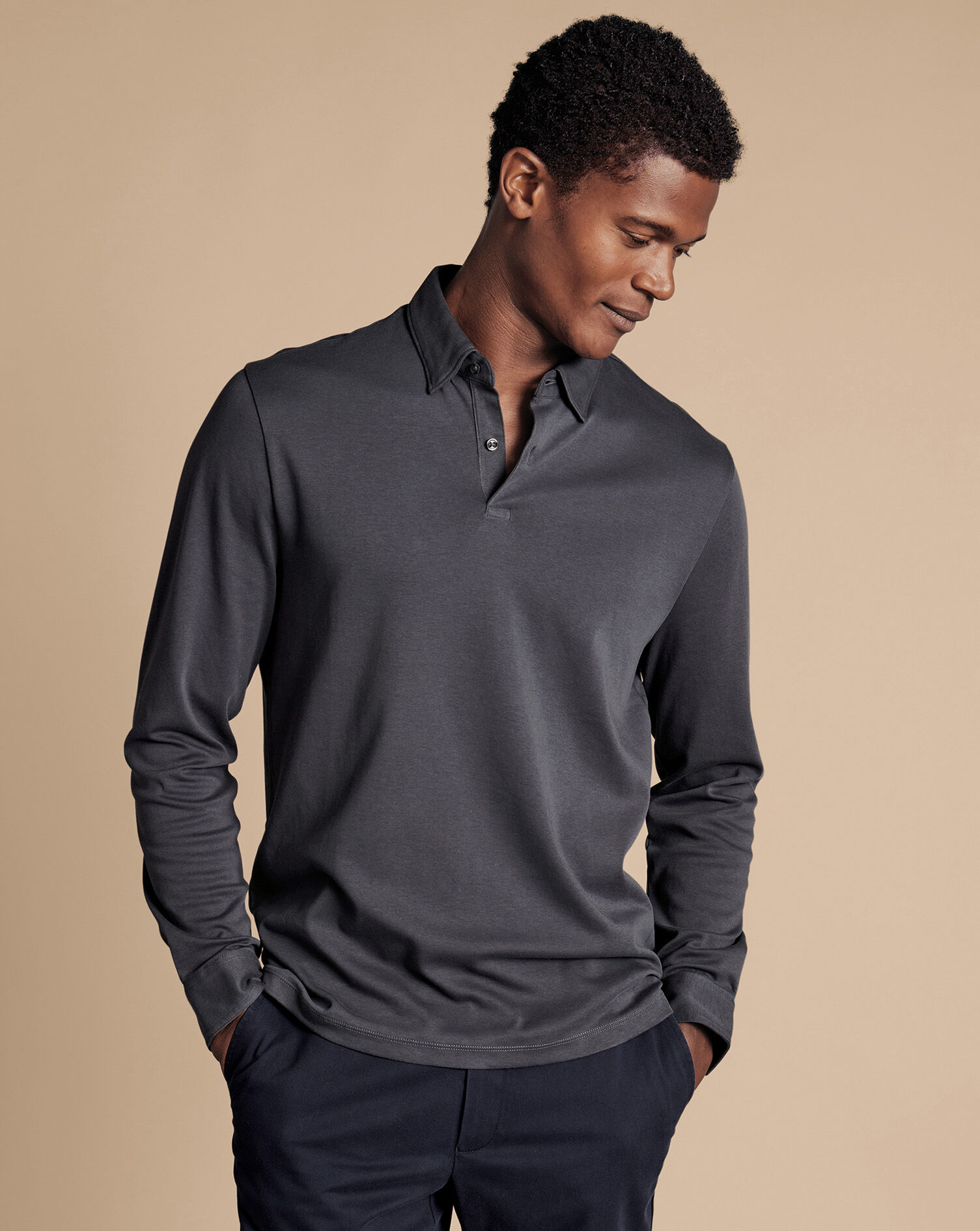 Combed Cotton Long Sleeve Polo - Dark Navy | Charles Tyrwhitt