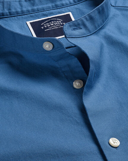 Collarless Washed Oxford Shirt - Ocean Blue