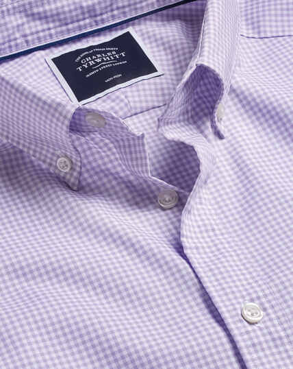 Button-Down Collar Non-Iron Stretch Mini Gingham Short Sleeve Shirt - Lilac Purple