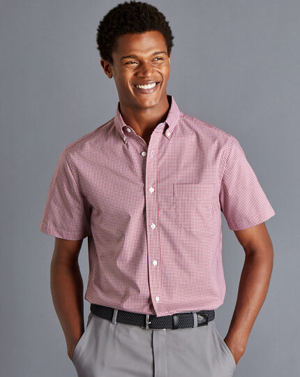Button-Down Collar Non-Iron Stretch Mini Gingham Short Sleeve Shirt - Cherry Pink