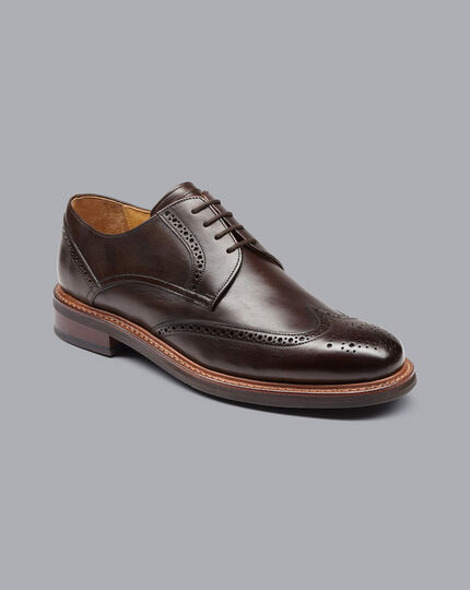 Rubber Sole Leather Derby Brogue Shoes - Dark Chocolate
