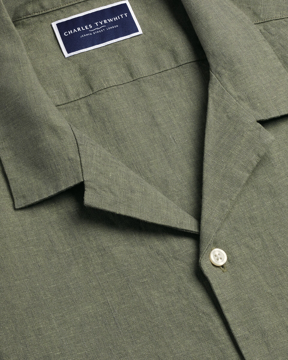 Short Sleeve Revere Pure Linen Shirt - Olive Green