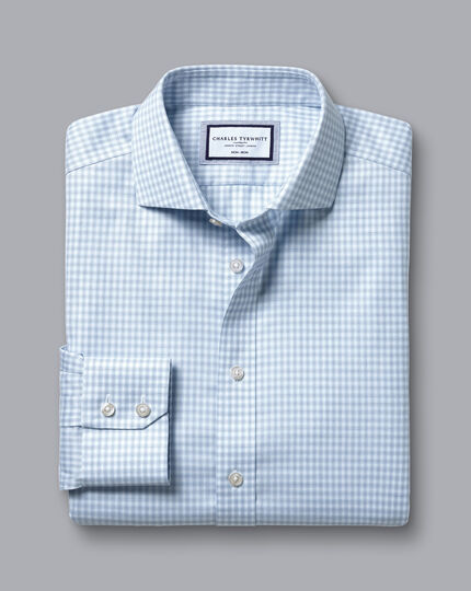 Spread Collar Non-Iron Double Check Shirt - Sky Blue